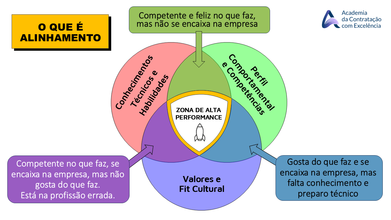 O que é alinhamento — diagrama de Venn com os 3 círculos: Conhecimentos Técnicos e Habilidades, Perfil Comportamental e Competências, e Valores e Fit Cultural